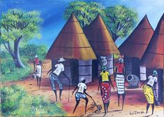 a painting of people walking in front of huts