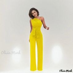 Olivia Mark - Asymmetric Sleeveless Casual Jumpsuit with Wide-Leg Trousers Yellow Sleeveless Jumpsuits And Rompers For Work, Yellow Sleeveless Jumpsuit For Work, Summer Party Jumpsuits With Asymmetrical Neckline, Spring Asymmetrical Solid Jumpsuits And Rompers, Asymmetrical Solid Jumpsuits And Rompers For Summer, Fitted Jumpsuit With Asymmetrical Neckline For Spring, Spring Fitted Jumpsuit With Asymmetrical Neckline, Asymmetrical Jumpsuits And Rompers For Summer Workwear, Asymmetrical Summer Jumpsuits And Rompers For Work