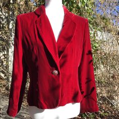 Soft, Luxurious Velvet. Jewel Button, Embroidered Lining. Approximate Measurements Lying Flat Shoulder Seam To Seam 16”. Pit To Pit 19”, Waist 18”, Across Bottom Hem 20”. Length Mid Shoulder To Hem 21”, Sleeve Shoulder Seam To Hem 22”. Never Worn, Like New. Vintage Red Party Blazer, Red Button-up Formal Outerwear, Red Button-up Formal Blazer, Red Button-up Blazer For Formal Occasions, Fitted Red Blazer With Buttons, Red Party Outerwear With Button Closure, Outfit References, Velvet Jacket, Shoulder Sleeve