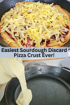 an easy homemade pizza with cheese on top and the words easier sourdough discard pizza crust ever