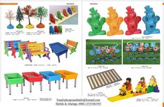 children's plastic furniture and toys are displayed in an advertisement for the toy store