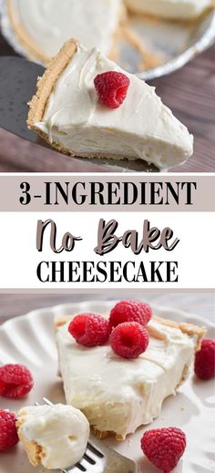 no bake cheesecake with raspberries on top and the title in the middle