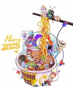 a cartoon character holding chopsticks over a bowl of ramen with various toppings