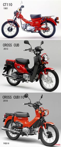 three different types of motorcycles are shown in the same color and size, each one is red