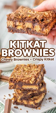 two brownies stacked on top of each other with the words kitkatt brownies above them