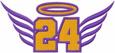 an embroidered logo with the number forty four in purple and gold, on a white background