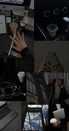 a collage of photos with laptops, coffee cups and other things in them