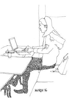 a drawing of a woman sitting at a table with a laptop computer on her lap