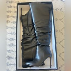 Brand New, Never Worn Over The Knee Black, Heeled Boots Elegant Synthetic Boots For Night Out, Chic Wide Calf Synthetic Heels, Chic Faux Leather Knee-high Boots With Closed Toe, Elegant Wide Calf Synthetic Heeled Boots, Elegant Wide Calf Heeled Boots, Elegant Synthetic Heeled Boots For Night Out, Chic Synthetic Boots For Night Out, Elegant Synthetic Heeled Boots For Office, Chic Synthetic Boots For Office