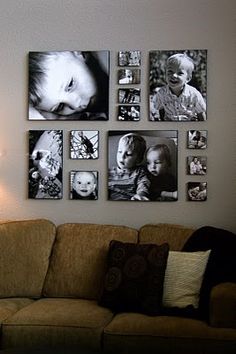 a living room filled with lots of pictures on the wall above a couch and coffee table