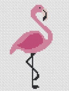 a pink flamingo cross stitched on to a white background with the text, ` '