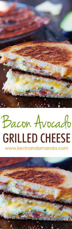 bacon avocado grilled cheese sandwich is cut in half and stacked on top of each other