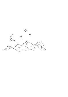 a black and white drawing of mountains with stars in the sky