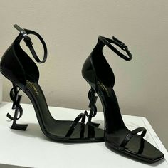 Black Wrap Up Heels, Saint Laurent Black Heels, Black High Heels Classy, Heels For Black Dress, Black Heels Outfit Dressy, St Laurent Heels, Black Prom Heels, Black Fancy Heels, Ysl Heels Black