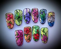 Floral Nail Decals, Gel Paint Nail Art, China Nails Design, Glass Nails Designs, Glass Nail Design, Glass Nail Art, China Nails, Tinta China