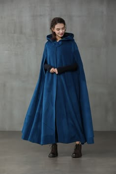 Maxi Hooded Wool Coat Cloak (8 Colors) – Linennaive Winter Outfit Medieval, Medival Outfits Woman Cloak, Cloak Outfit Ideas, Blue Cloak Aesthetic, Wizard Clothes Aesthetic, Fantasy Cold Weather Clothes, Wizard Outfit Ideas, Wizard Robes Aesthetic, Medieval Winter Clothes