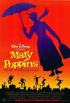 the movie poster for mary poppinss is shown in blue and orange colors, with an image of a woman holding an umbrella