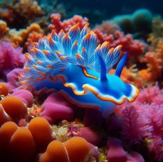 a blue and orange sea slug on a coral reef