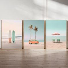 three surfboards and an orange van are on the beach with palm trees in front of them