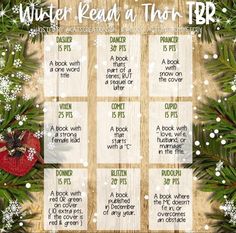 the winter read at thru tbr game is shown with snowflakes and evergreens