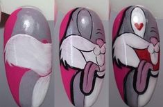 Drawing Ideas For Nails, Bugs Bunny Valentine Nails, Valentine Character Nails, How To Draw On Nails Step By Step, Nails With Cartoon Characters, Bugs Bunny Nail Art, Cartoon Characters Nail Art, Nail Character Designs, Cartoon Nail Designs Step By Step