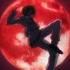 an anime character standing in front of a full moon with her arms up and legs spread out