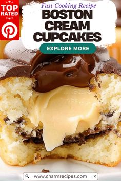 an advertisement for boston cream cupcakes on a plate