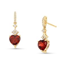 Reveal your romantic side with these charming rhodolite garnet and diamond drop earrings. 10K gold. Each earring features a 7.0mm heart-shaped rhodolite garnet at the base. Diamonds sparkle along the drop detail and linear post. 1/5 ct. t.w. of diamonds. Friction backs. Elegant Ruby Earrings For Valentine's Day, Elegant Garnet Earrings For Anniversary, Elegant Heart Cut Birthstone Earrings, Elegant 14k Gold Earrings For Valentine's Day, Rhodolite Garnet, Diamond Drop Earrings, Diamond Drops, 10k Gold, Garnet