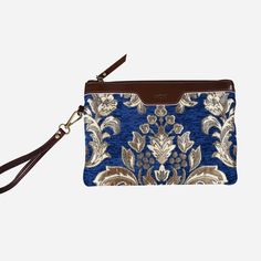 Victorian Blossom BLUE-GOLD Wristlet Clutch carpet bag MCW Handmade Formal Rectangular Bag With Wrist Strap, Rectangular Clutch With Zipper Pouch For Formal Events, Rectangular Clutch With Zipper Pouch For Formal Occasions, Formal Rectangular Clutch With Zipper Pouch, Evening Clutch With Wrist Strap, Blue Formal Clutch With Detachable Handle, Elegant Wristlet With Removable Pouch, Elegant Clutch With Zipper Pouch For Formal Events, Elegant Pouch Wristlet For Daily Use