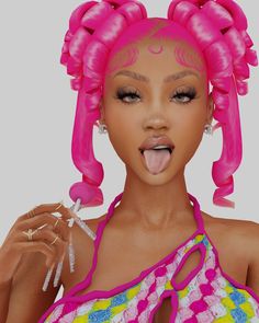 a woman with pink hair sticking her tongue out to the side and wearing large earrings