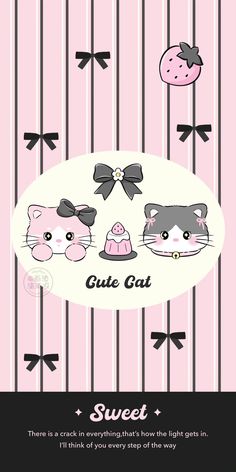 a pink and black poster with two cats on it's side, next to a strawberry