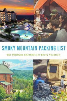 the smoky mountain packing list is shown with pictures of people and camping equipment in it