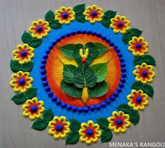 a colorful circular design with leaves and flowers