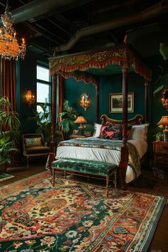 a bedroom with a canopy bed, rug and potted plants on the side table