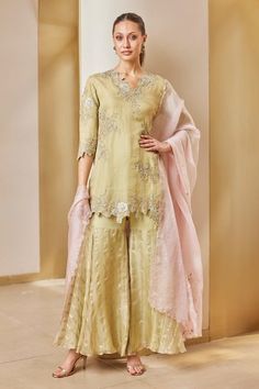 Shop for Osaa by Adarsh Green Tissue Floral Embroidered Kurta And Sharara Set for Women Online at Aza Fashions Kurta And Sharara Set, Green Sharara, Kurta And Sharara, Organza Jacket, Sharara Designs, Organza Lehenga, Kurta Sharara, Indian Outfits Lehenga, Applique Work