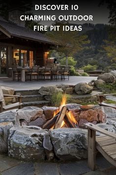 Rustic outdoor fire pit with roaring fire surrounded by natural stone seating and wooden chairs, with a cozy house and dining area in the background set against a forested mountain view. Rustic Fire Pit Ideas Backyard, Unique Fire Pit Ideas, Rustic Fire Pit Ideas, Firepit Design, Rustic Fire Pit, Sunken Fire Pit, Outdoor Fire Pit Ideas, Natural Fire Pit, Fire Pit With Rocks