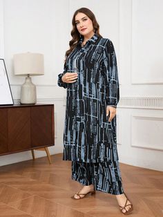 Plus Size Women's Contrast Color Long Sleeve Shirt And Pants 2pcs/Set Black Casual    Colorblock,Tie Dye,All Over Print  Non-Stretch  Women Plus Clothing, size features are:Bust: ,Length: ,Sleeve Length: Maximalist Clothes, Boy Outerwear, Co Ords, Style Mistakes, Casual Sets, Shirt And Pants, Kids Sleepwear, Black Casual