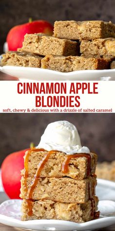 cinnamon apple blondies are stacked on top of each other