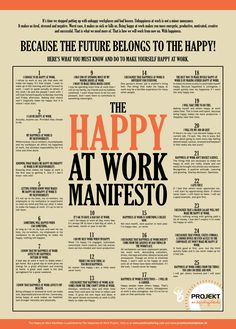 the happy at work manfest poster is displayed in an orange and white frame with black lettering