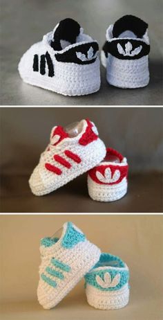 crocheted shoes are shown in three different colors and sizes, including red, white, and blue