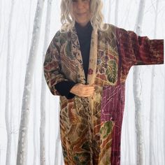 "New style! Same as my plus size jackets but a long version!  One of a kind reversible silk kantha opera length coat made from carefully curated vintage silk kantha shawls  This is a one of a kind designed by Lisa Finkelstein and the jacket in the photo is the exact jacket you will receive.  This is one size and will fit anyone from a size 6 up to size 2X.  Also, you can follow me on Instagram  Look for \" Finkelstein.Lisa\" on Instagram" Long Silk Outerwear For Fall, Vintage Long Sleeve Robe For Fall, Bohemian Silk Outerwear For Winter, Bohemian Long Silk Outerwear, Bohemian Silk Winter Outerwear, Long Bohemian Silk Outerwear, Fall Patchwork Long Kimono, Festival Kimono With Long Sleeves, Free Size, Bohemian Multicolor Silk Kimono