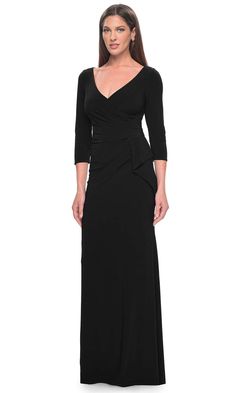 La Femme 30967 - Quarter Sleeve Jersey Evening Dress Fitted Long Sleeve Pre-draped Evening Dress, Elegant V-neck Gown With Ruched Bodice, Fitted Floor-length Elastane Dress, Elegant Long Sleeve Ruched Evening Dress, Fitted V-neck Flattering Maxi Dress, Elegant Fitted Draped Evening Dress, Fitted Pre-draped Evening Dress With Pleated Bodice, Long Sleeve Ruched Evening Dress For Formal Occasions, Elegant Ruched Maxi Dress For Evening