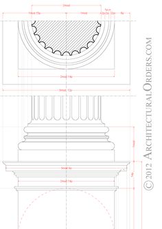 an architectural drawing showing the details of a clock tower with columns and arches on each side