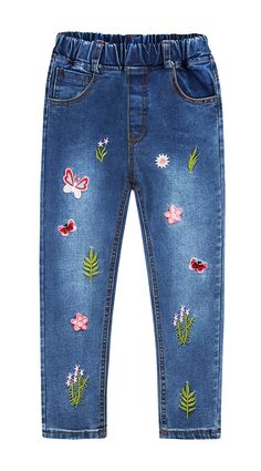 PRICES MAY VARY. Embroidered butterfly grass flowers ,elastic waist , look slim and fashion Cotton denim strechy cloth,soft to wear pants Washed retro fashion desgin,very cute Washed look for a comfy feeling and fashion Designed to be an everyday go-to for your child's wardrobe. Popular Jeans, Grass Flowers, Embroidery Butterfly, Embroidered Butterfly, Jean Pants, Red Butterfly, Cute Notes, Jeans Kids, Classic Jeans