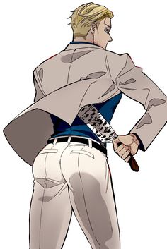 a drawing of a man in white pants and jacket holding a baseball bat with his right hand