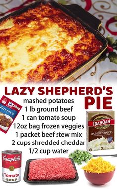 an advertisement for lazy shepherd's pie with instructions to make it in the oven