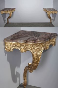 two pictures of an antique console table with marble top and gold leaf design on the base