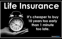 a person holding an alarm clock in their hand with the words life insurance it's cheaper to buy 10 years too early than 1 minute to late