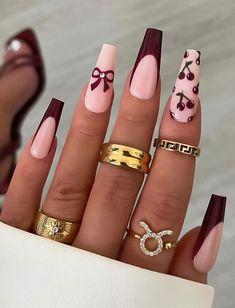 Cherry & Bow French Elegant Nails, , stylish autumn nails, autumn nail art, autumn nail designs, trendy fall nails French Elegant Nails, Coquette Nail Ideas, Nail Art Autumn, Gold Tip Nails, Nail Ideas For Fall, Spice Nails, Fall Wedding Nails, Thanksgiving Nail Art, Lipstick Nails