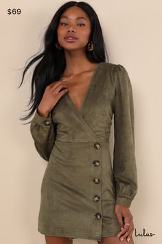 The Lulus Chicest Aura Olive Green Suede Surplice Long Sleeve Mini Dress will become your signature way to look stylish all fall long! Soft faux suede shapes this sweet dress that features a flirty surplice neckline and long sleeves with gathering at the shoulders and button cuffs. The wrap silhouette boasts a fitted waist (that secures with an internal button closure) and an A-line mini skirt with a functional button placket along the side. Fit: This garment fits true to size. Length: Mid-thigh Long Sleeve Button Down Dress, Suede Mini Dress, Faux Suede Dress, Green Wrap, Wrap Mini Dress, A Line Mini Skirt, Green Mini Dress, Suede Dress, Surplice Neckline